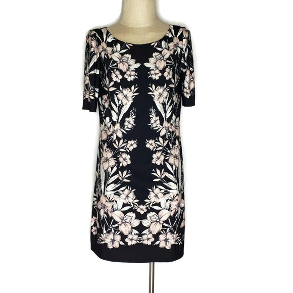 Eliza J Shift Dress Floral Short Elbow Sleeve Black Pink Flowers Size 8 - Picture 2 of 6